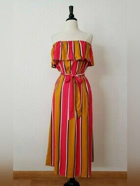 Off-Shoulder Striped Maxi Dress in Pink and Mustard